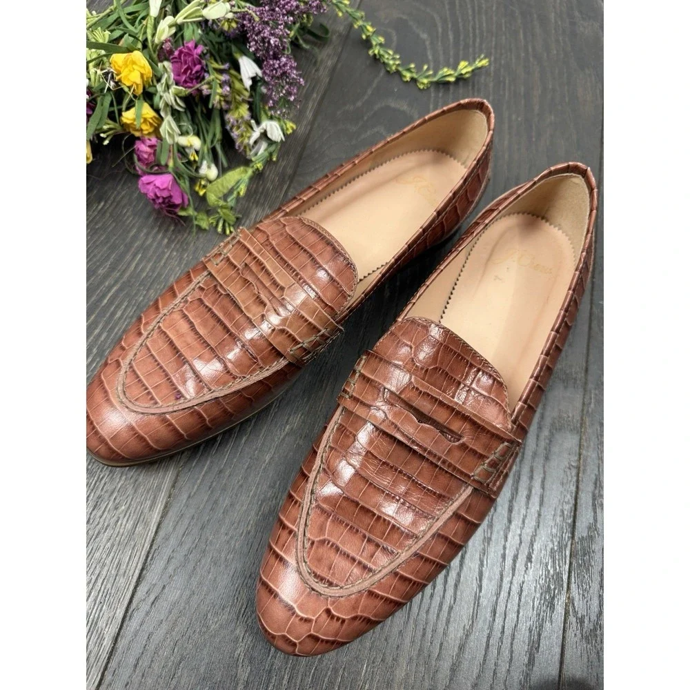 J.Crew Academy Penny Loafer Croc Embossed Leather Flats Jasmine Frost Sz 8.5